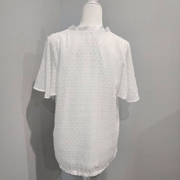 Women's T-Shirt V Neck Lace Crochet Solid Tunic Tops Comfy Short Blouse White si - Picture 2 of 6